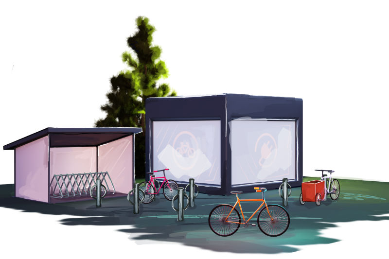 An illustration of different types of bicycle parking, ranging from sidewalk bike stands to a secure bike shed